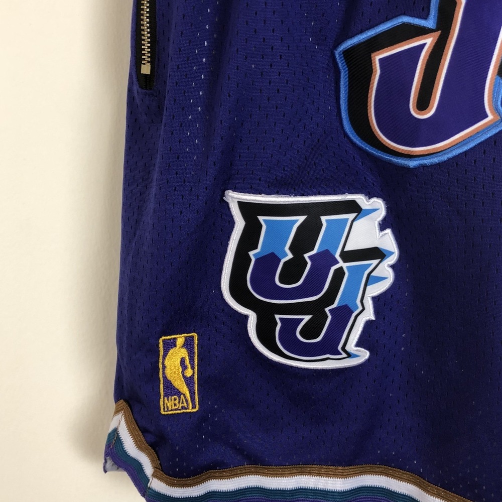 Utah Jazz Just Don 1996-97 Embroidered Print Basketball Shorts Sz S Purple NBA - Picture 3 of 15
